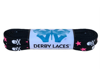 Derby Laces Waxed Roller Derby Laces 72" 72" Black White Skulls, Pink Stars  click to zoom image