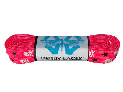 Derby Laces Waxed Roller Derby Laces 72" 72" Hot Pink White Skulls, Black Stars  click to zoom image